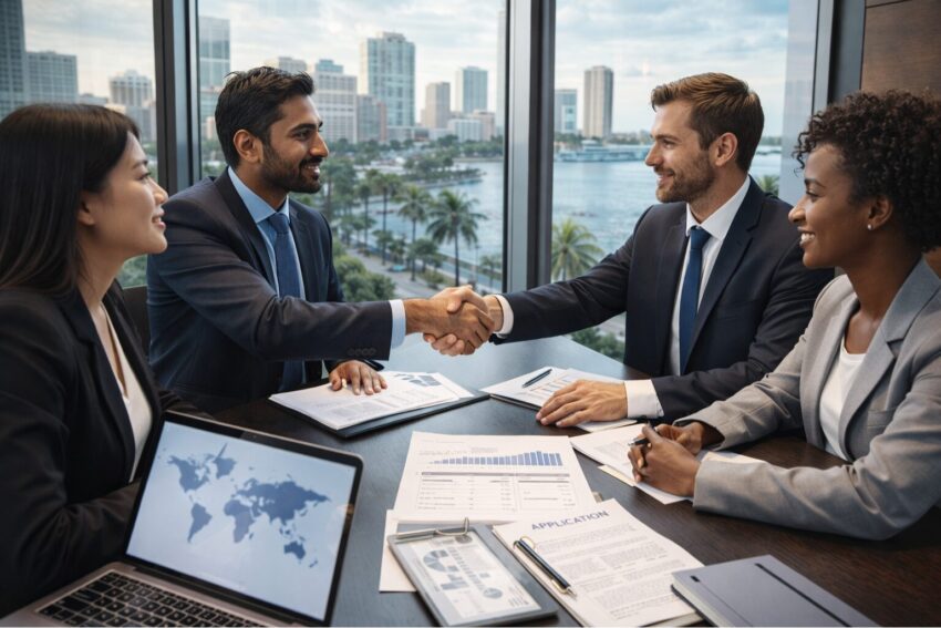 International business professionals meeting about employment visas and corporate immigration in the United States