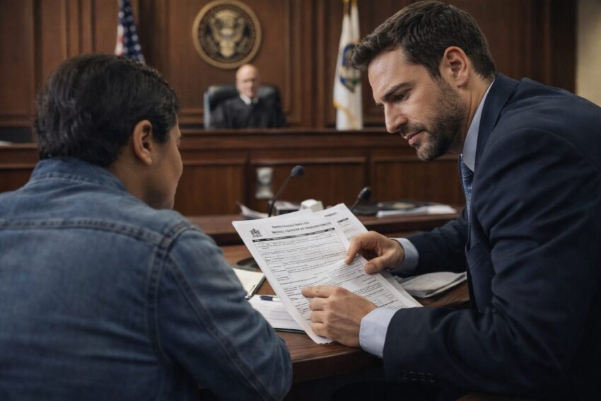 Immigration court deportation defense attorney reviewing documents with client before removal hearing