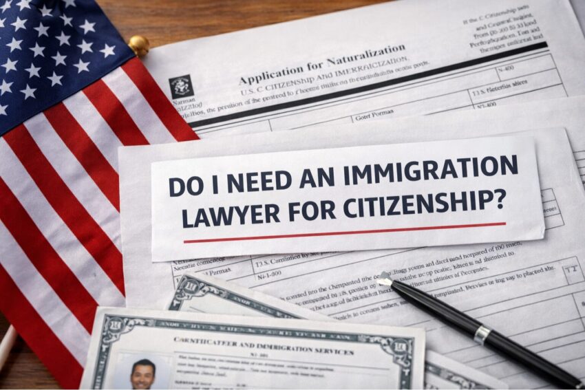 N-400 naturalization application with U.S. flag and citizenship documents representing the process of applying for U.S. citizenship with an immigration lawyer