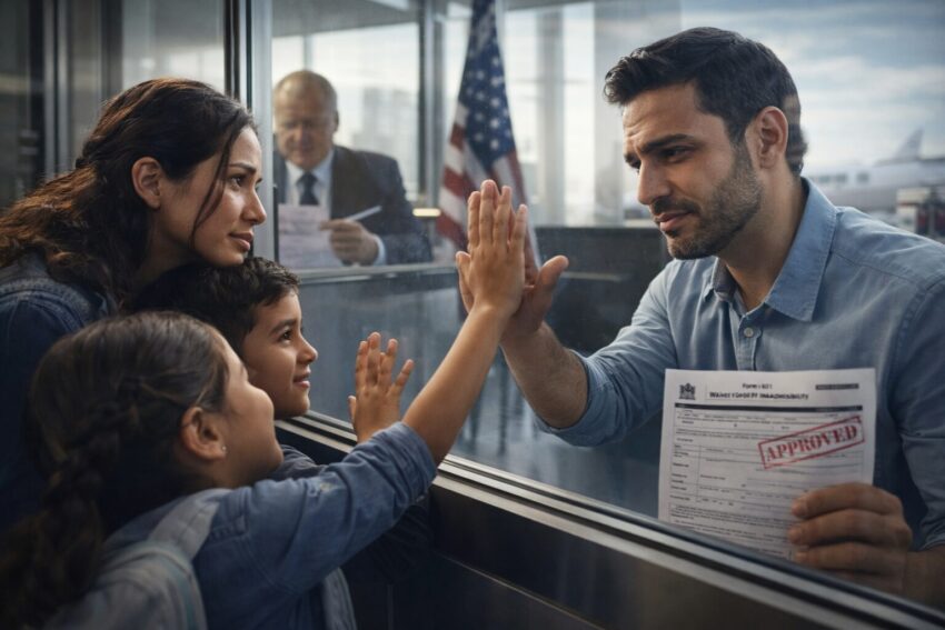 Family separated by glass holding approved I-601 waiver after immigrant visa consular interview