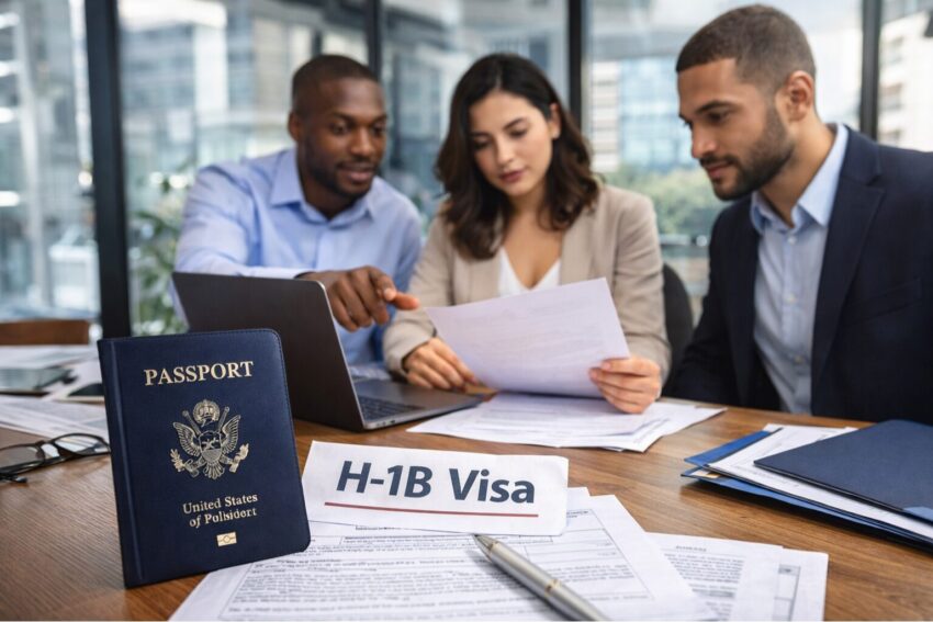 Professionals reviewing H-1B work visa documents with U.S. passport and employment paperwork during immigration application process