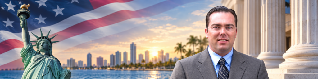 Florida immigration attorney with Statue of Liberty, American flag, courthouse columns, and waterfront skyline