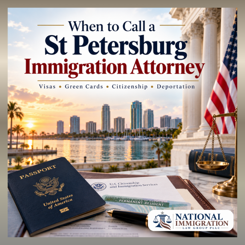 St Petersburg immigration attorney feature image with U.S. passport, immigration documents, scales of justice, courthouse columns, and waterfront skyline